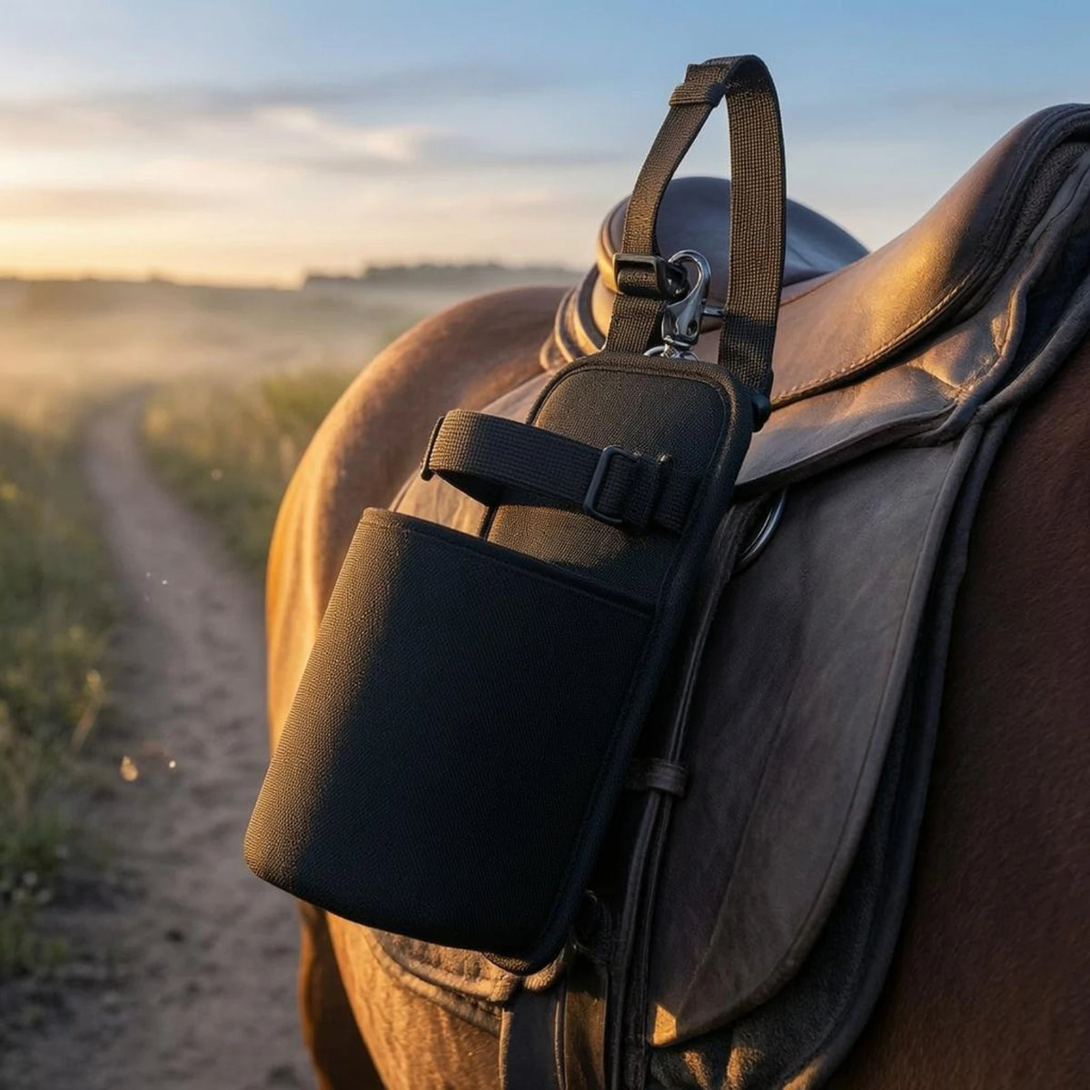 Horse Saddle Water Bottle Holder with Metal Buckle – Black Nylon Equestrian Drink Pouch for Trail Riding. @ ghoddosh.com