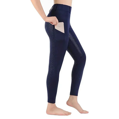 Navy blue leggings with textured pattern on a white background .Ghoddosh 