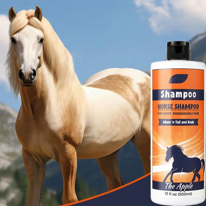  500 ml of horse shampoo and conditioner with orange labels and black horses on a white background.  @ ghoddosh.com