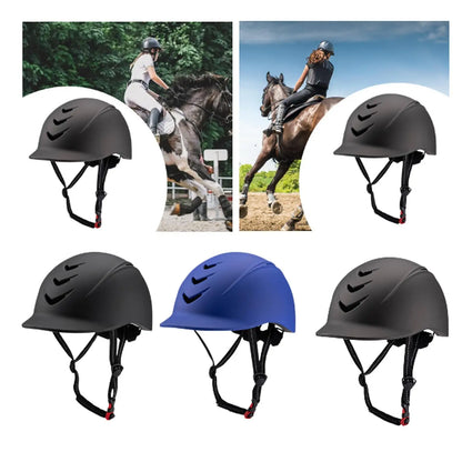 Equestrian helmets shown with riders on horses and a blue helmet. Ghoddosh 