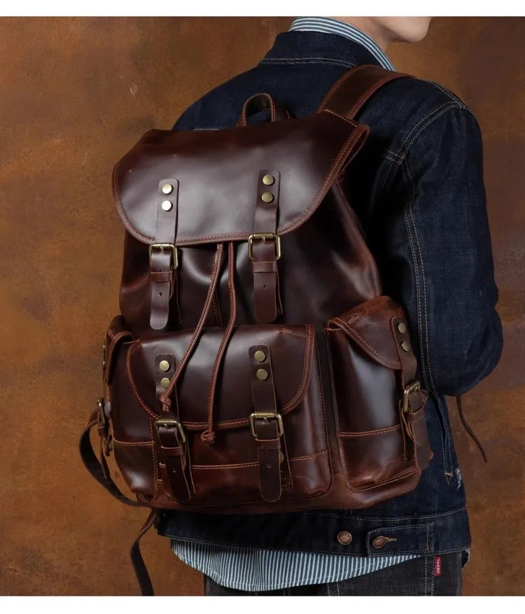Vintage Horse Genuine Leather Backpack for Men, Large Capacity Travel Daypack, Fits 15-inch Laptop @ ghoddosh.com