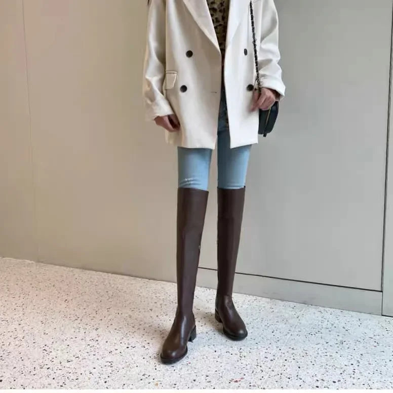 Women  Brown Leather over The Knee High Boots  @ ghoddosh.com