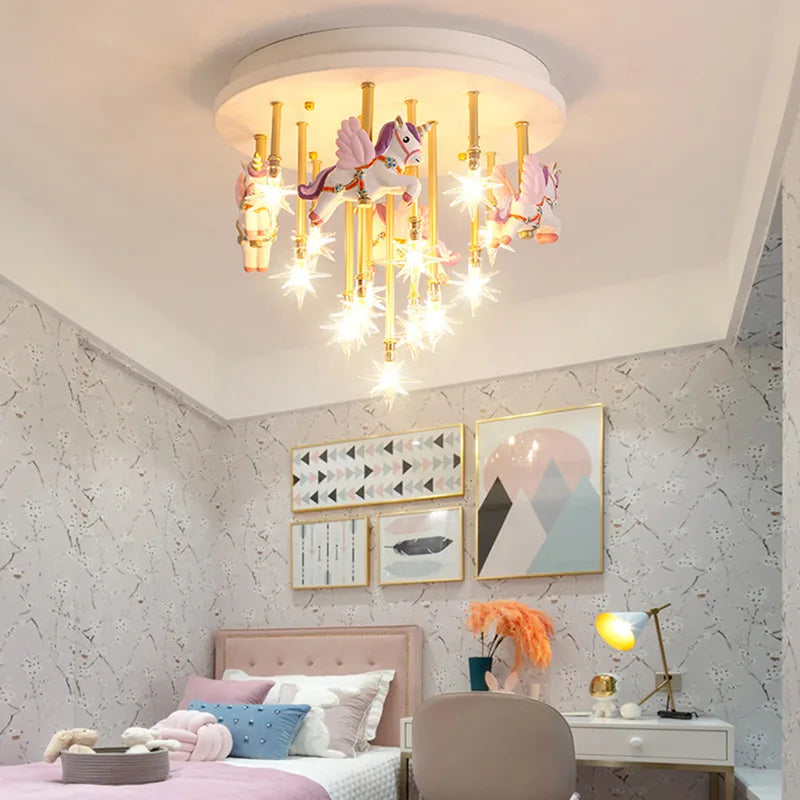 36W Cute Resin Horse Kids Ceiling Lamp - Pink/Blue LED Princess Bedroom Light for Children  @ ghoddosh.com
