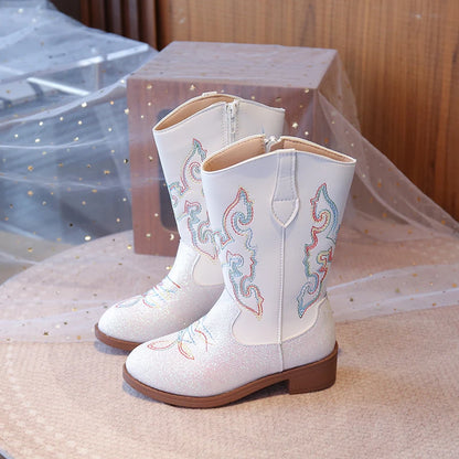 Kids Embroidered Western Cowboy Boots – Unisex Tall Pull-On Cowgirl Boots for Boys and Girls @ ghoddosh.com