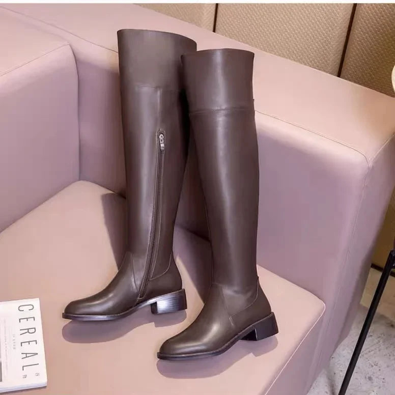 Women  Brown Leather over The Knee High Boots  @ ghoddosh.com