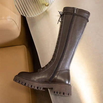 Genuine Leather Round Toe High Heel Riding Boots / Cross-tied Vintage Gladiator Lady Casual Platform Knee-high Boots .Ghoddosh

