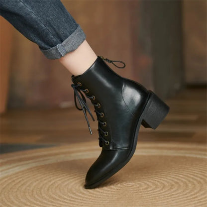 New  Split Leather Women  Round Toe  Chunky Heels Boots - Ghoddosh