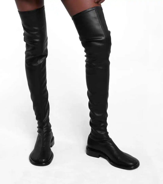 Round Toe Chunky Med Heel Stretch Over-the-knee Boots - Ghoddosh