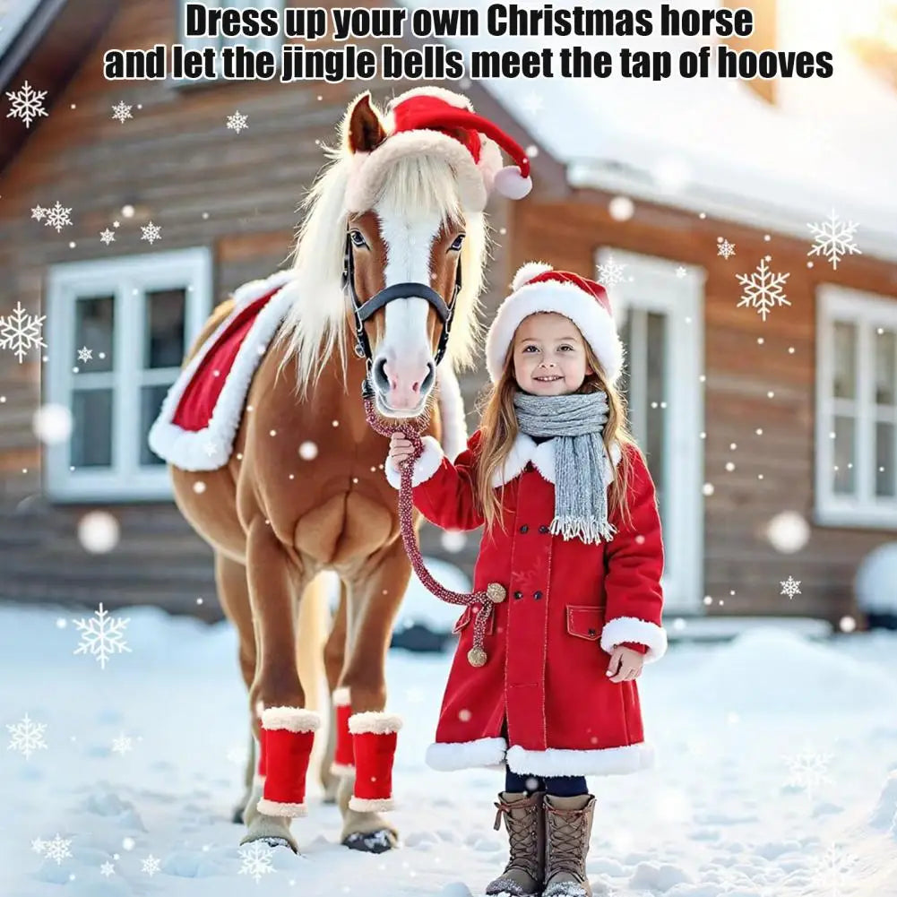 1/4/7 Pcs Horse Christmas Red Costumes  - Santa Hat , Horse Saddle , Pad Leg Wraps Decoration Accessories Xmas Winter Holiday Supplies - ghoddosh.com