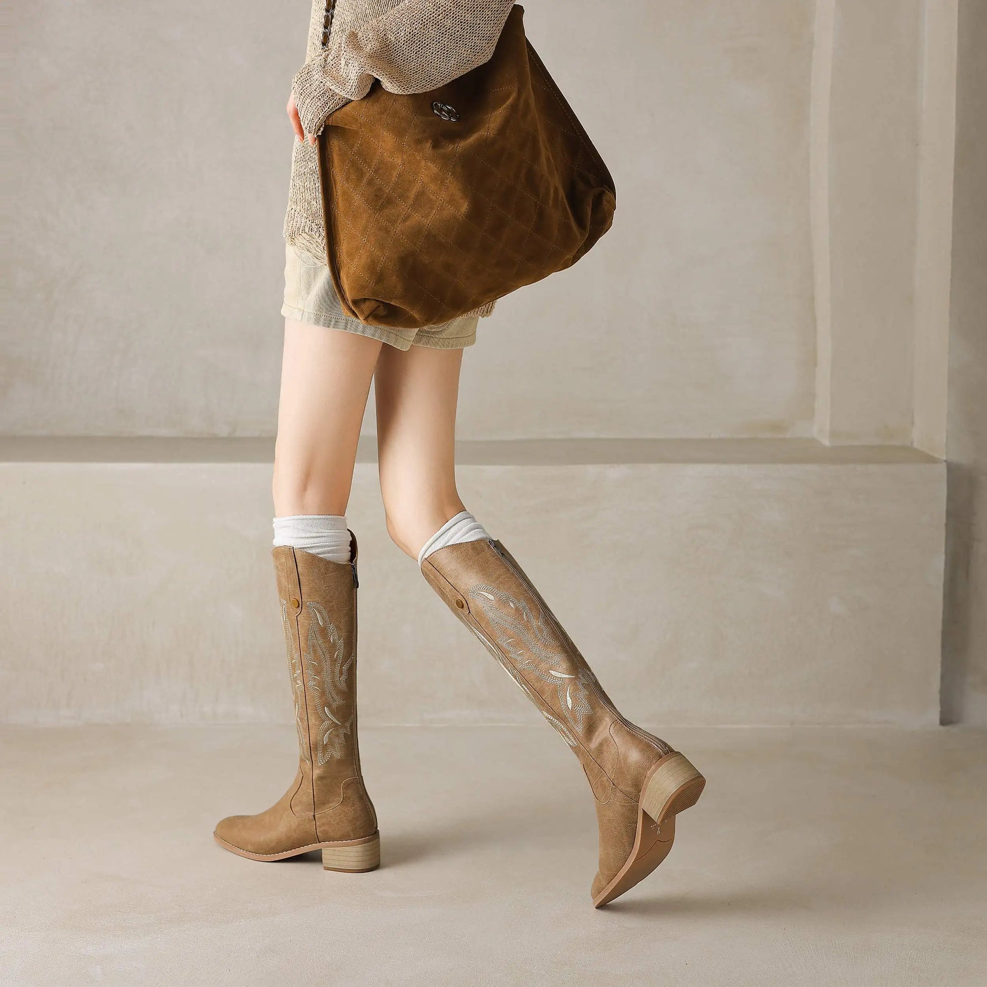 Cow Leather Embroider High Heels Modern Western Boots - Ghoddosh