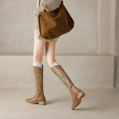 Cow Leather Embroider High Heels Modern Western Boots - Ghoddosh