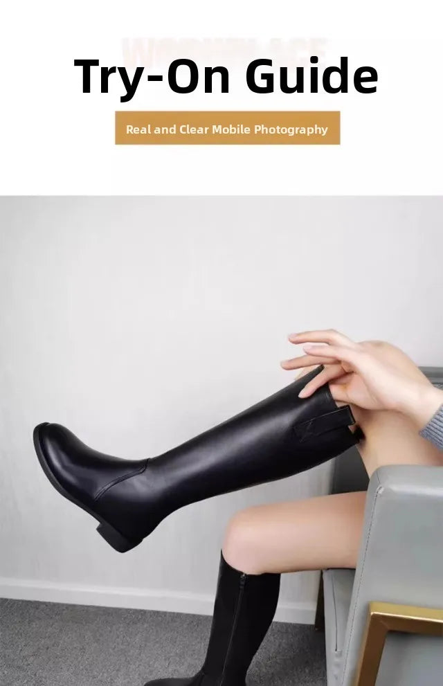 Equestrian Genuine Leather Long Flat Boots - Women's Horse Riding Knee High Boots @ ghoddosh.com