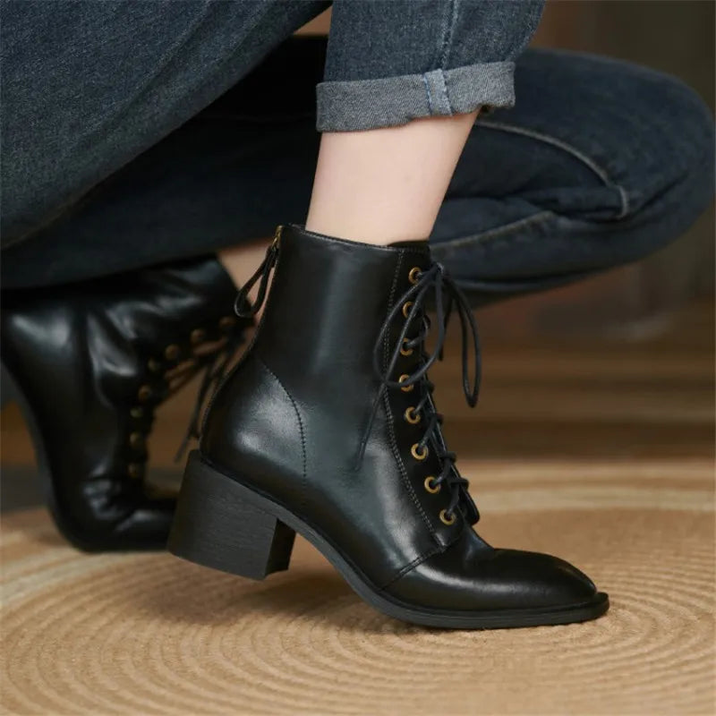 New  Split Leather Women  Round Toe  Chunky Heels Boots - Ghoddosh