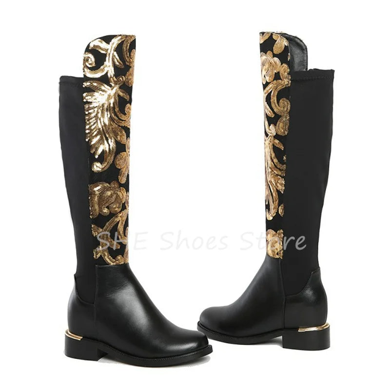 Luxury  Golden Embroidery Women Knee High Boots - Chunky Heel Leather  Round Toe Long Boots @ ghoddosh.com