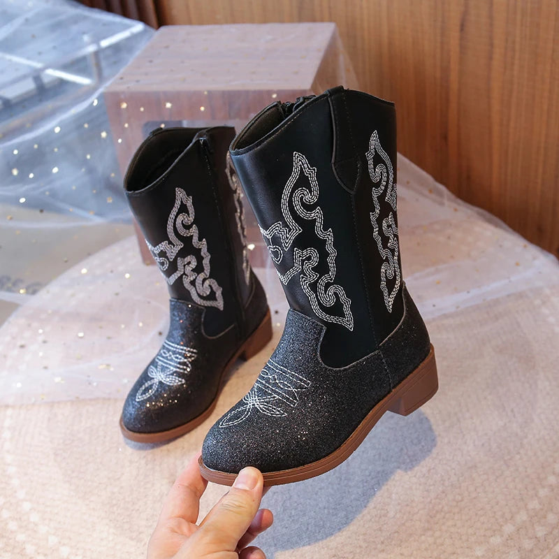 Kids Embroidered Western Cowboy Boots – Unisex Tall Pull-On Cowgirl Boots for Boys and Girls @ ghoddosh.com