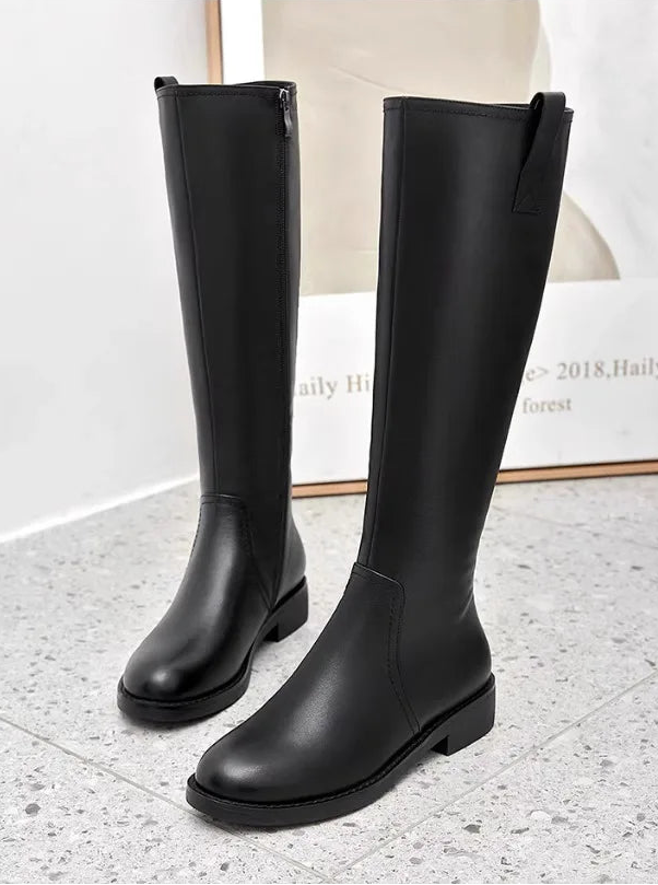 Equestrian Genuine Leather Long Flat Boots - Women's Horse Riding Knee High Boots @ ghoddosh.com