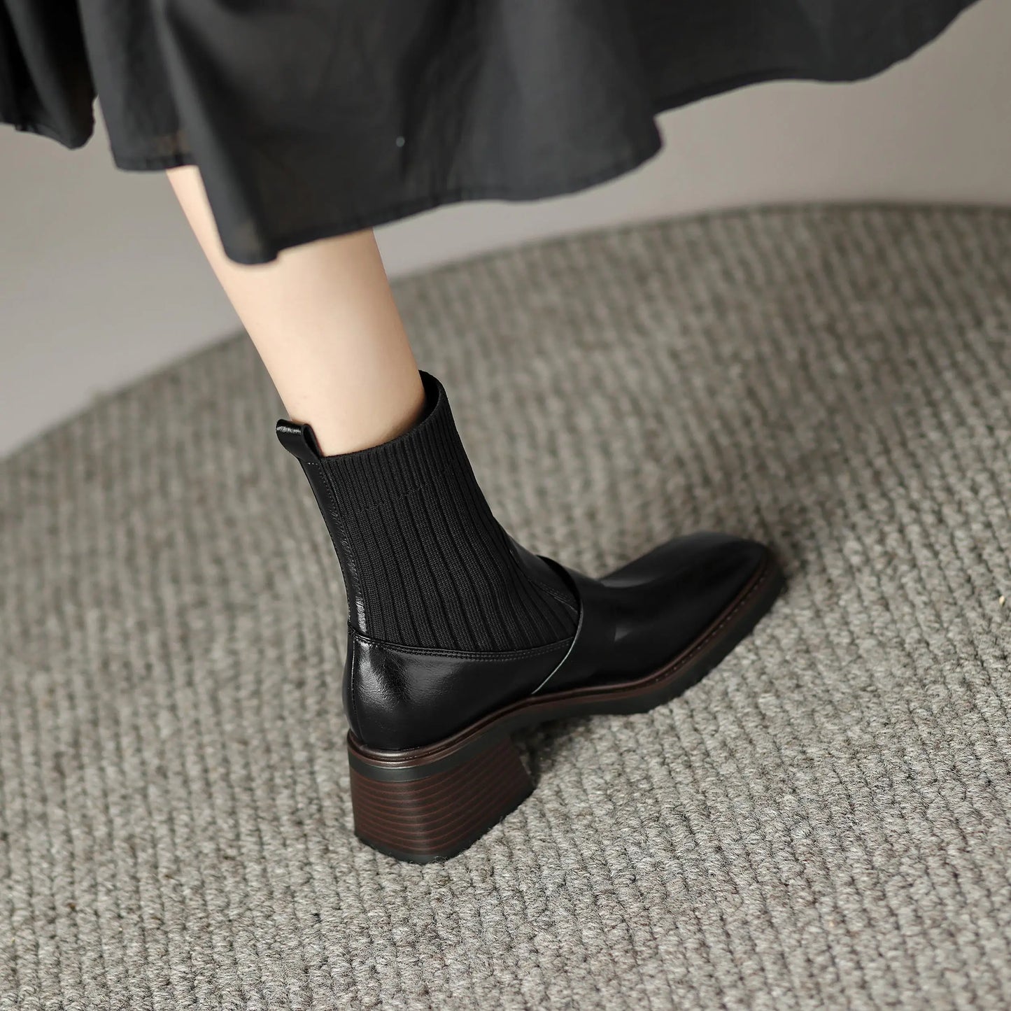 Retro Cow Split Leather Chelsea Boots — Square Toe, Platform Block Heel - Ghoddosh
