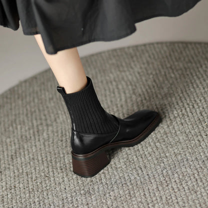 Retro Cow Split Leather Chelsea Boots — Square Toe, Platform Block Heel - Ghoddosh