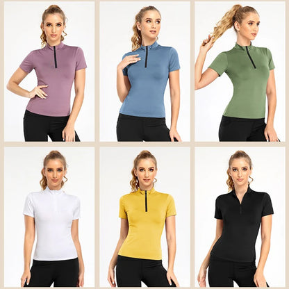 Active Crop Top Sports Women riding Short Sleeve Quarter Zipper
