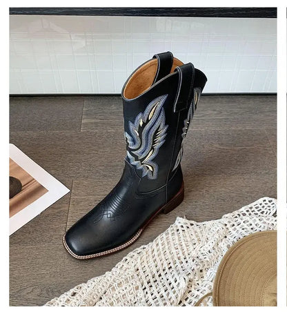 Embroidered brown cowboy boots — square toe and chunky mid-calf heel. - Ghoddosh