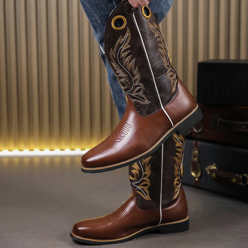 Men’s Knight High-Top  , Square Heels Embroidered Western Cowboy Boots - Ghoddosh