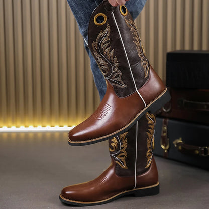Men’s Knight High-Top  , Square Heels Embroidered Western Cowboy Boots - Ghoddosh