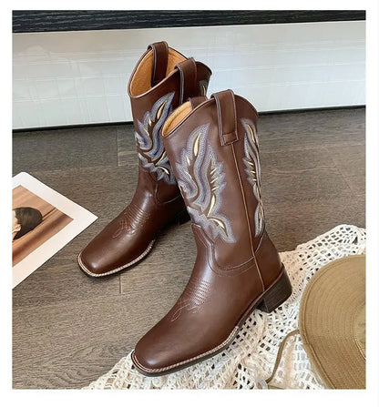 Embroidered brown cowboy boots — square toe and chunky mid-calf heel. - Ghoddosh