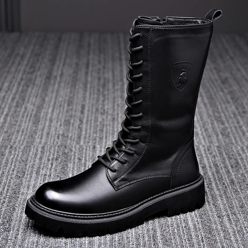 Men's Riding Winter Boots , Genuine Leather Lace Up Extra Long Mongolian High  Knight Ankle Boots@ghoddosh.com
