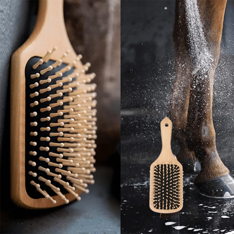 Man grooming a horse with a close-up of a wooden brush inset. @ ghoddosh.com