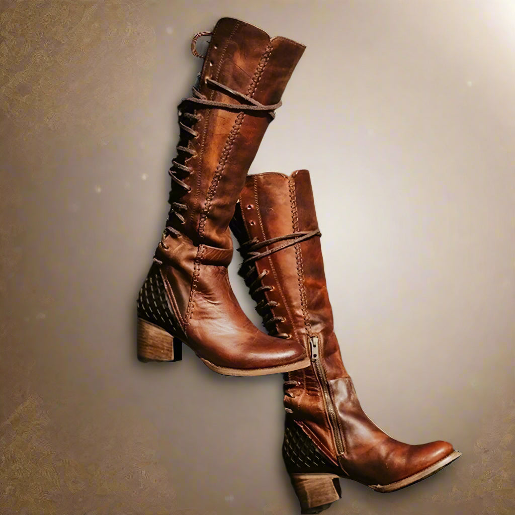 Vintage Cowboy Lace Up  Boots  Gladiator Round Toe Cross Tied Chunky Heels - Ghoddosh