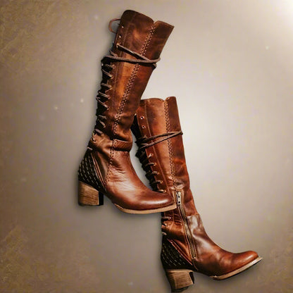 Vintage Cowboy Lace Up  Boots  Gladiator Round Toe Cross Tied Chunky Heels - Ghoddosh
