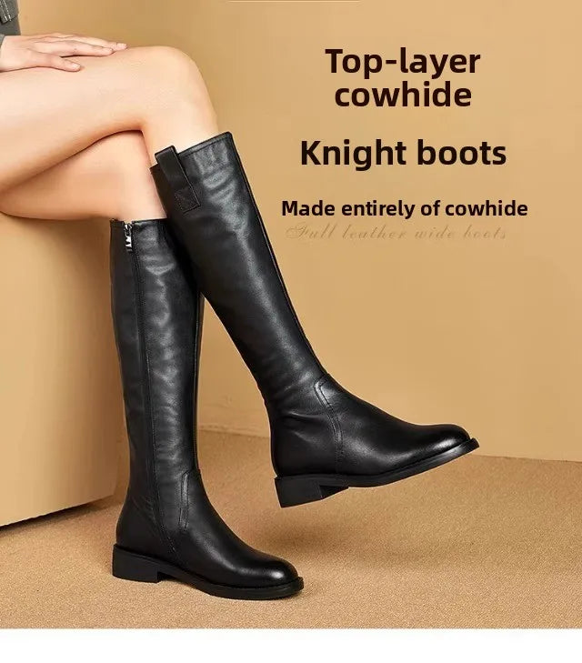 Equestrian Genuine Leather Long Flat Boots - Women's Horse Riding Knee High Boots @ ghoddosh.com