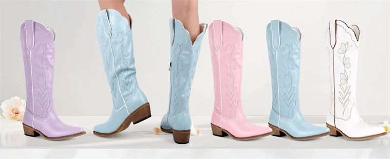 Women's Pink Knee-High Cowgirl Boots  Chunky Mid-Heel Pull-On Western Booties @ ghoddosh.com