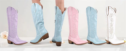 Women's Pink Knee-High Cowgirl Boots  Chunky Mid-Heel Pull-On Western Booties @ ghoddosh.com