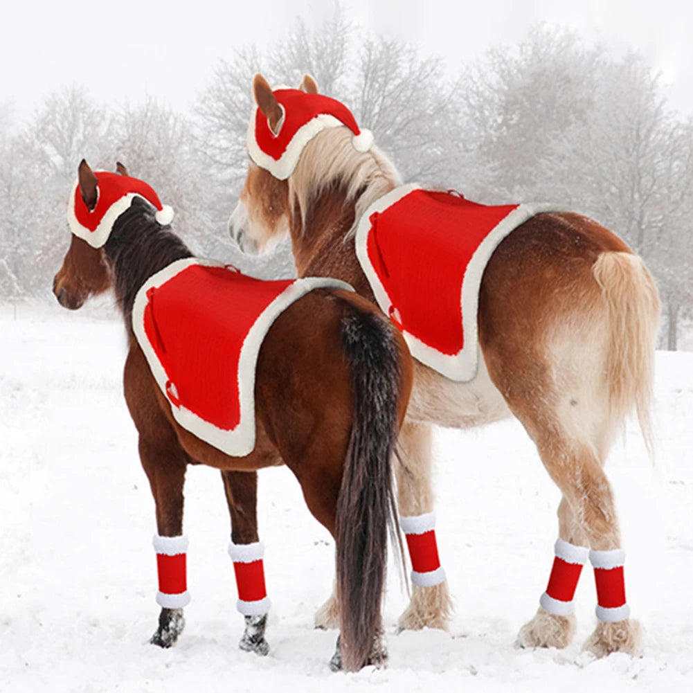 6Pcs Christmas Santa Horse Leg Wraps - Horse  Hat , Saddle Pad with Faux Fur  & Leg Wraps