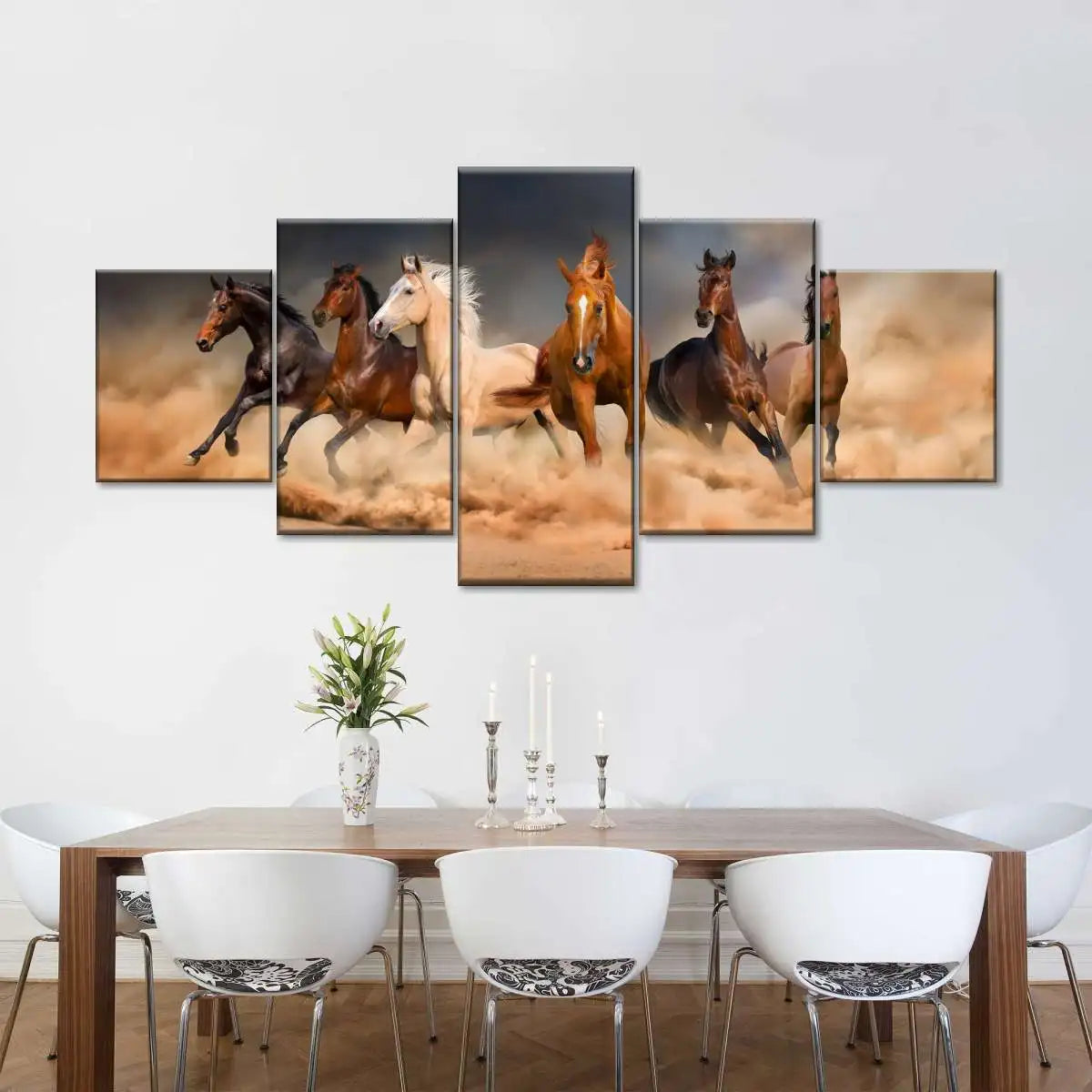 5 Panel Clashing Wild Running Horses Wall Art  Canvas Décor