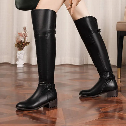 Women's Round Toe Chunky Block Heel Thigh-High Riding Boots with Belt Buckles @ ghoddosh.com