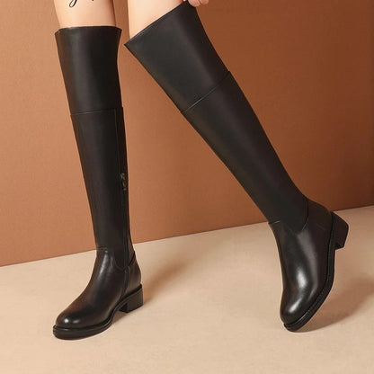 Black Classic Over‑the‑Knee Boots — Cow Leather, Mid Heel, Simple Daily Style - Ghoddosh