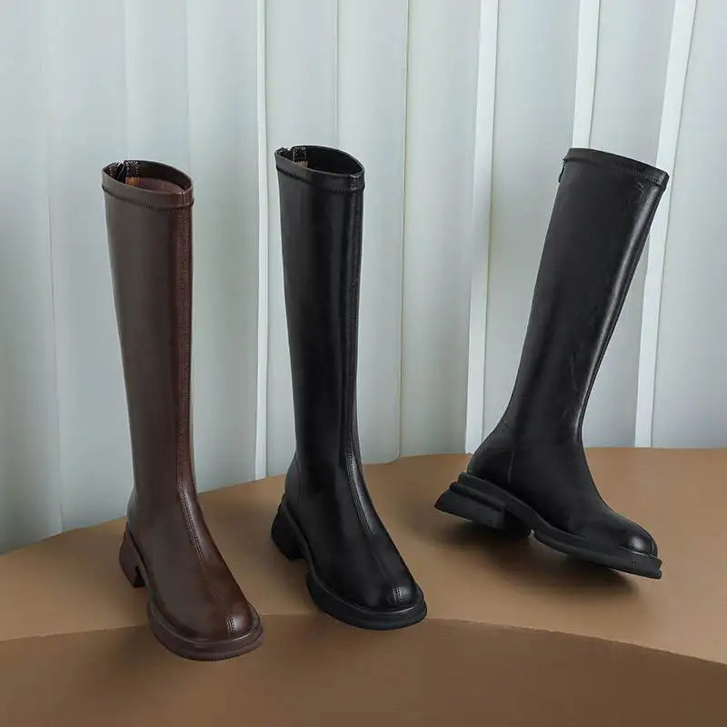 Cow Leather Round Toe Winter Warm Riding Boots / Thick Heels Gladiator Back Zipper Platform Knee Boots
GHODDOSH
