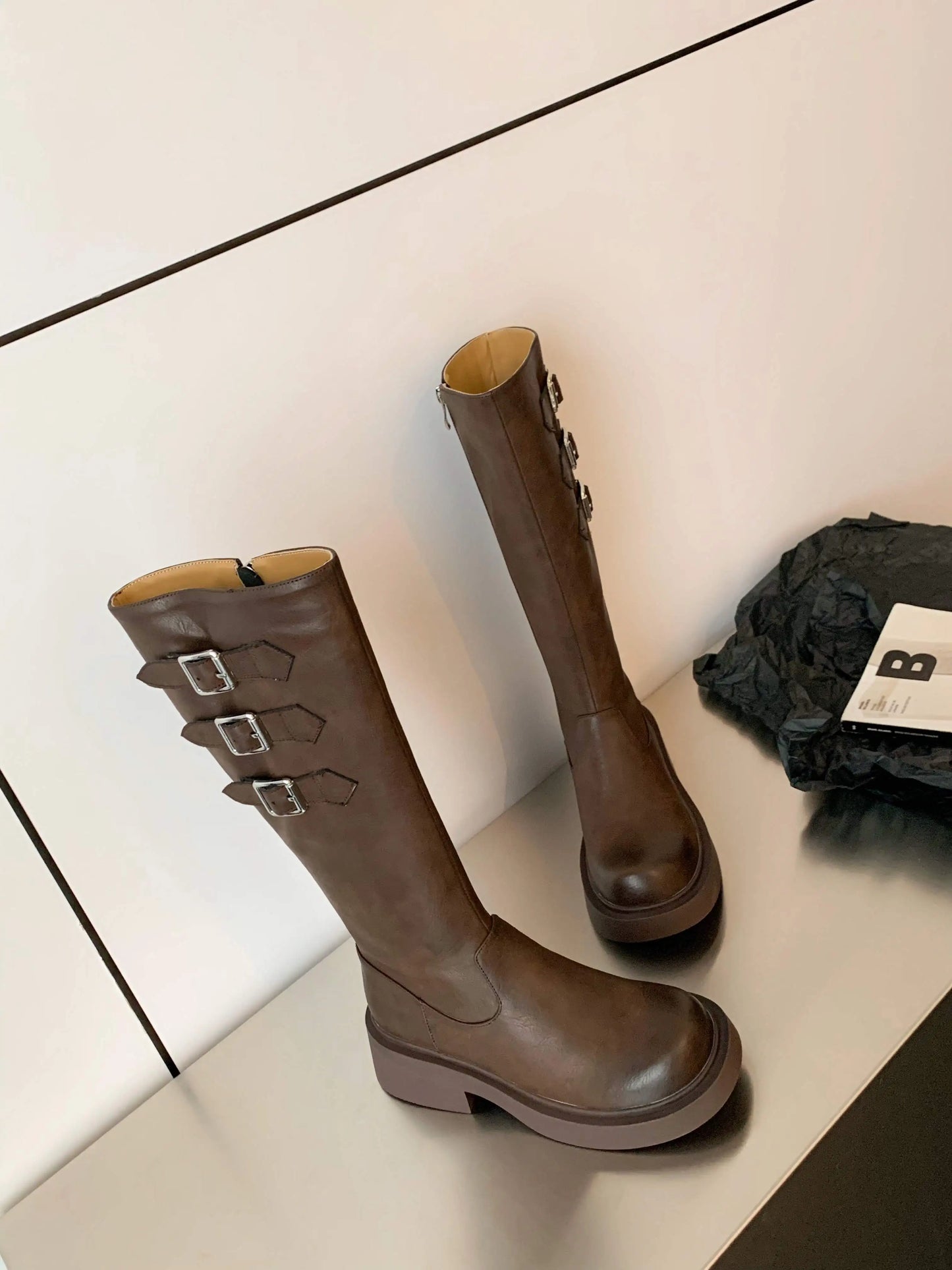 Cowhide Leather Knee-High Riding Boots — Women’s Warm Winter Heels with Belt Buckle - Ghoddosh