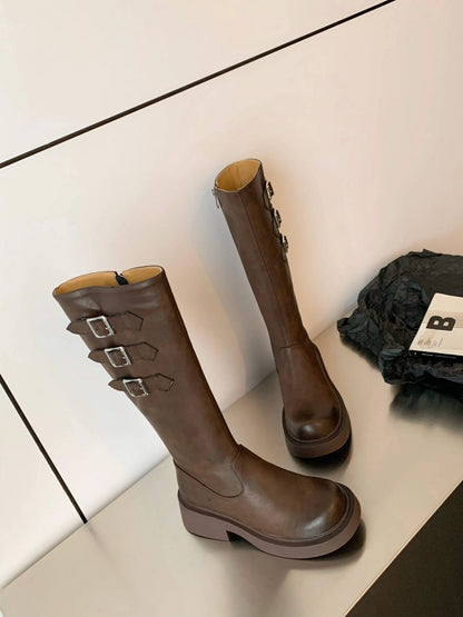 Cowhide Leather Knee-High Riding Boots — Women’s Warm Winter Heels with Belt Buckle - Ghoddosh