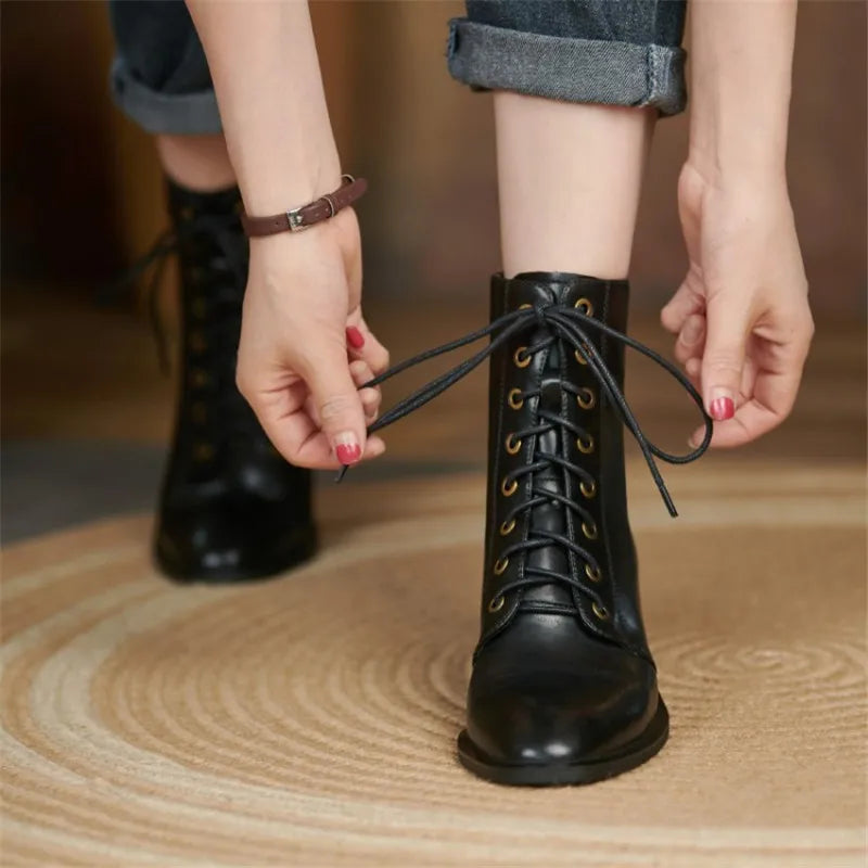 New  Split Leather Women  Round Toe  Chunky Heels Boots - Ghoddosh