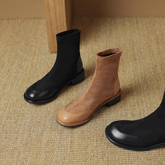 Microfiber Low Heels Modern Chelsea Motorcycle Boots Casual Winter Autumn Vintage Women Elastic Ankle Boots - Ghoddosh 