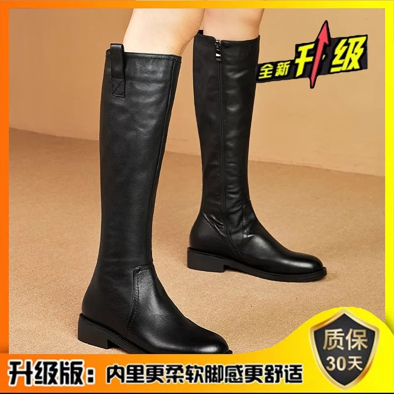 Equestrian Genuine Leather Long Flat Boots - Women's Horse Riding Knee High Boots @ ghoddosh.com