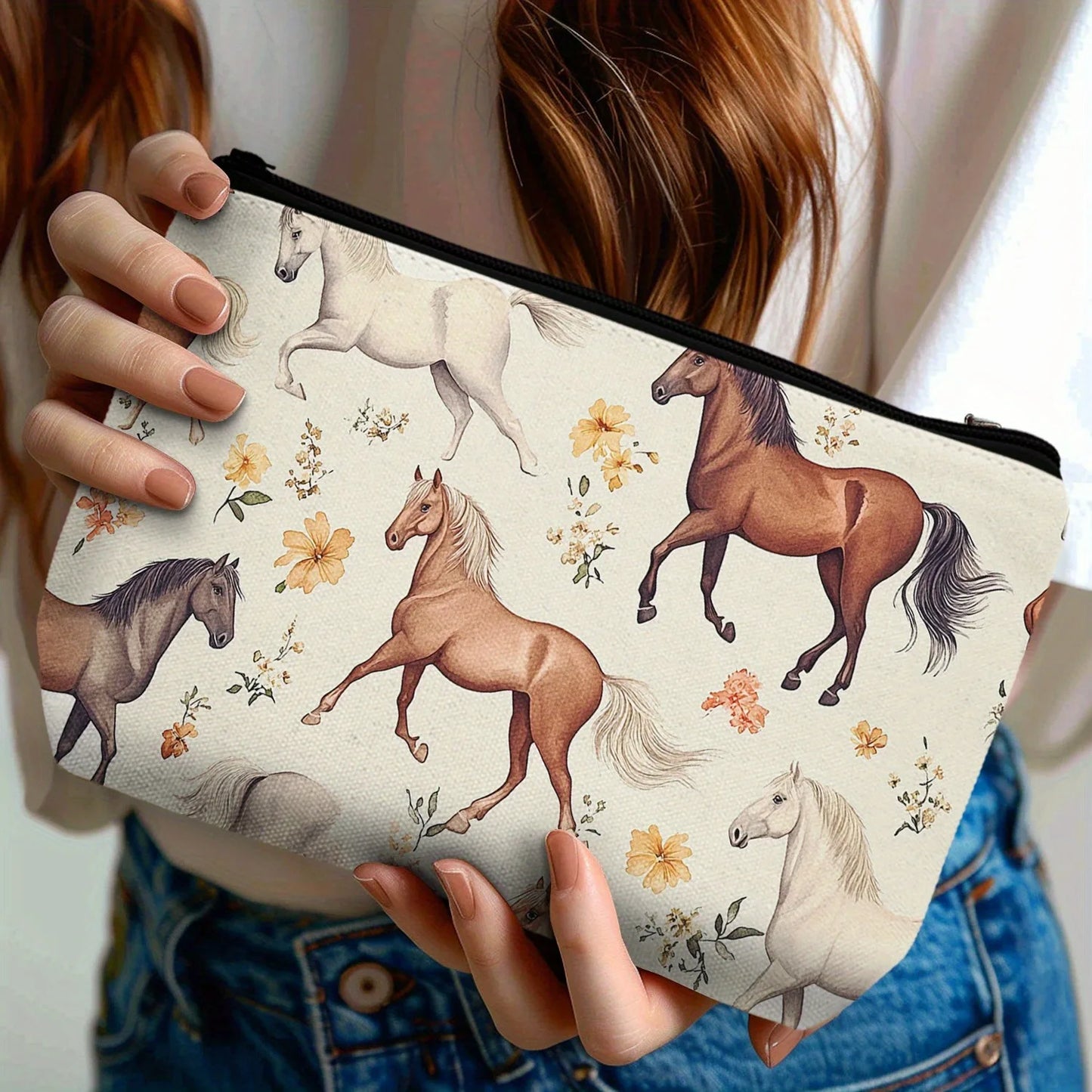 Western Makeup Bag  with Horses and Flowers pattern , Thrive Beautifully on A Saddle with This piece of Art @ ghoddosh.com