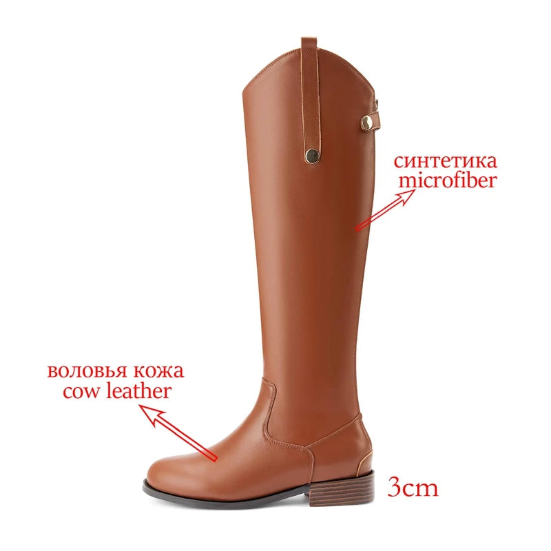 Women's Genuine Leather Thigh-High Riding Boots, Round Toe Mid-Heel Streetwear @ ghoddosh.com