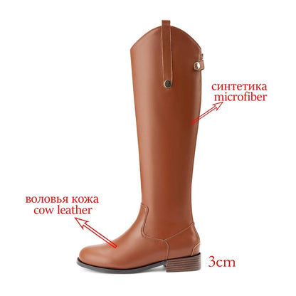 Women's Genuine Leather Thigh-High Riding Boots, Round Toe Mid-Heel Streetwear @ ghoddosh.com