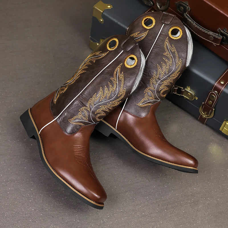 Men’s Knight High-Top  , Square Heels Embroidered Western Cowboy Boots - Ghoddosh