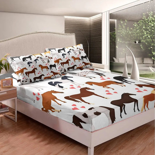 Horse Fitted Sheets ,Twin Size  Cute Horse  Bedding Set  with Pink Love Hearts Décor @ ghoddosh.com