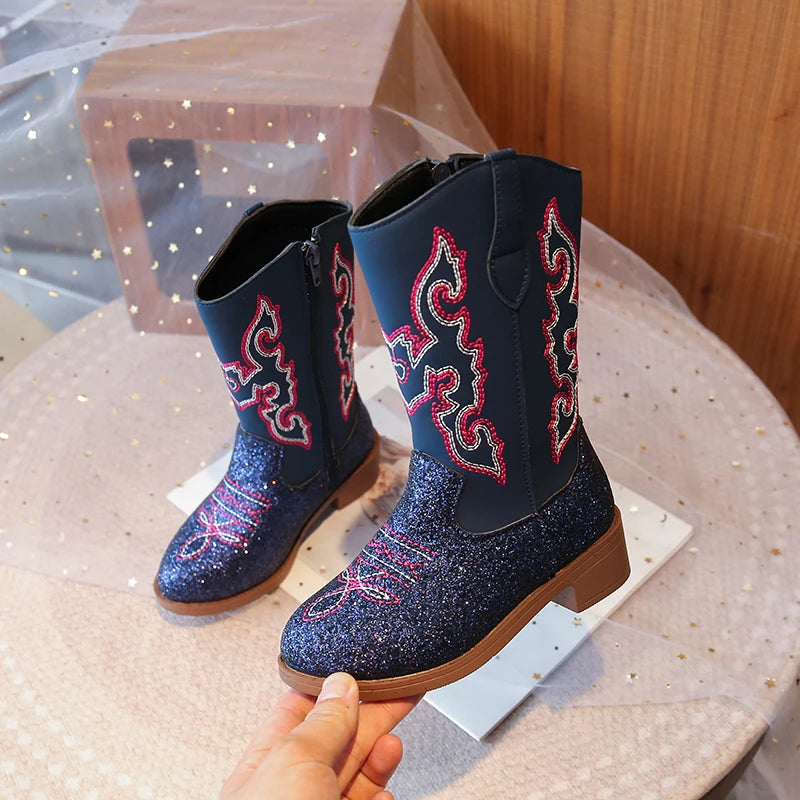Kids Embroidered Western Cowboy Boots – Unisex Tall Pull-On Cowgirl Boots for Boys and Girls @ ghoddosh.com